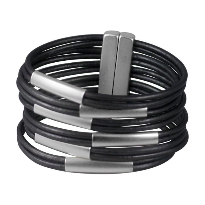 Zirconite Multi-strand Genuine Leather Cuff Bracelet With Tube Bars - Matte/light Gray