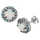 Tiara 6mm Round-cut Opal Halo Earrings In Sterling Silver, Girl's, Opal/blue Topaz
