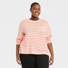 Women's Plus Size Striped Slim Fit Long Sleeve Round Neck Pocket T-shirt - A New Day Peach