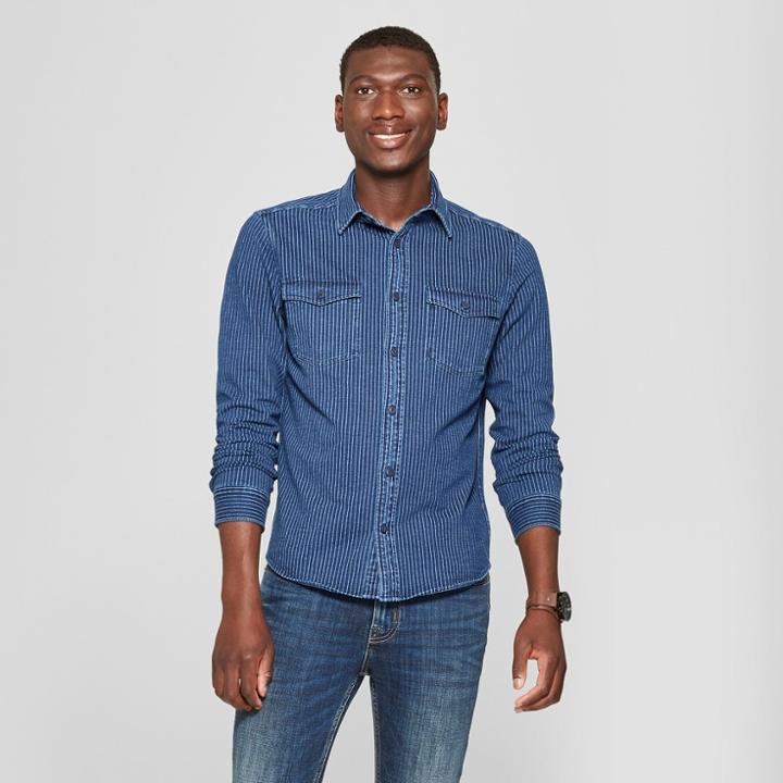 Men's Striped Long Sleeve Denim Shirt - Goodfellow & Co Indigo Splash