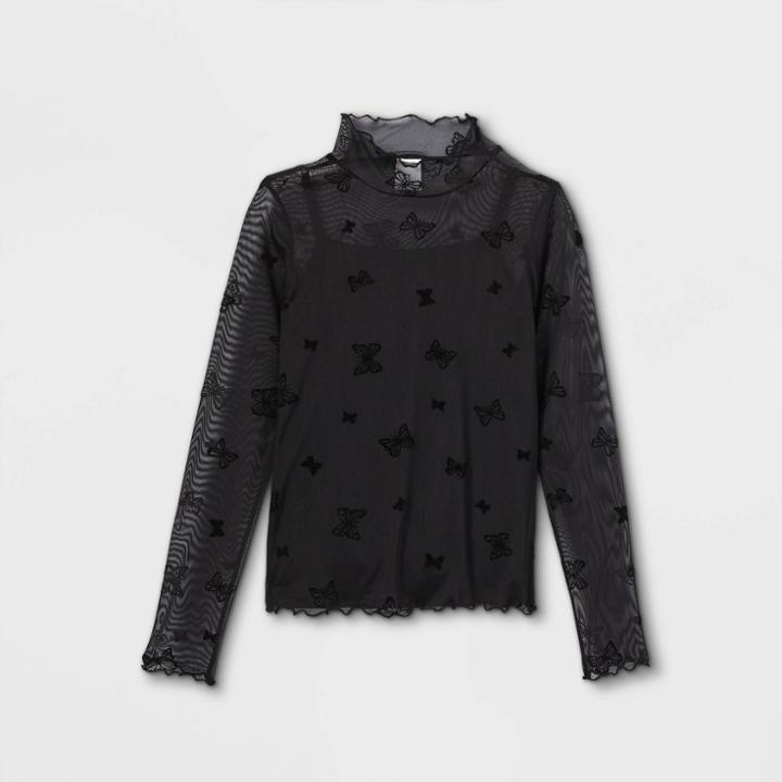 Girls' Lettuce Edge Mock-neck Mesh Top - Art Class Black