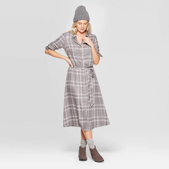 Women's Plaid Long Sleeve Midi Shirtdress With Tie Belt - Universal Thread Gray M, Women's,
