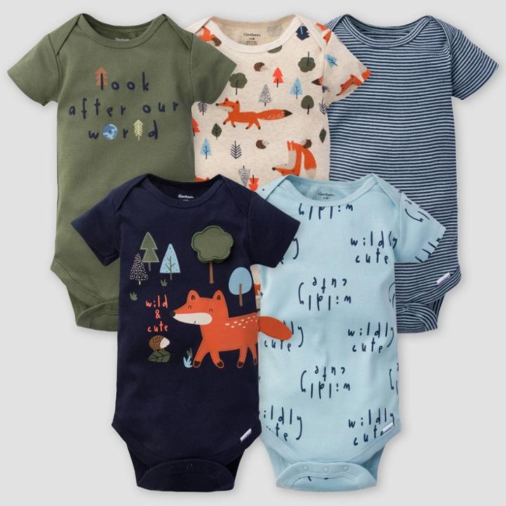 Gerber Baby Boys' 5pk Fox Short Sleeve Onesies - Green/off-white/blue