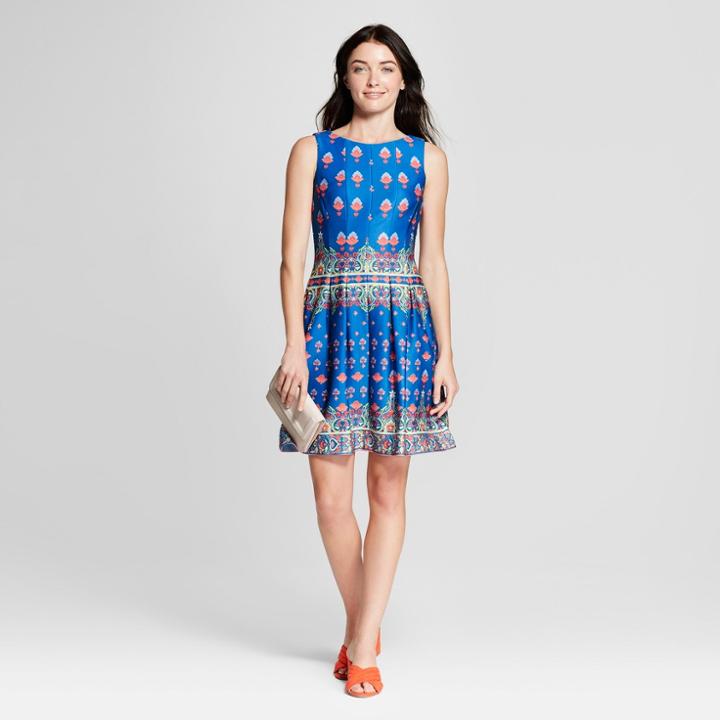 Women's Floral Printed Scuba Pleat Dress - Melonie T Blue/orange
