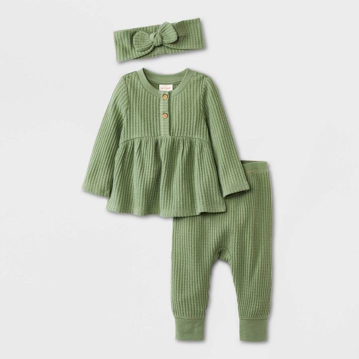 Baby Girls' Cozy Brushed Waffle Top & Bottom Set - Cat & Jack Sage Green Newborn