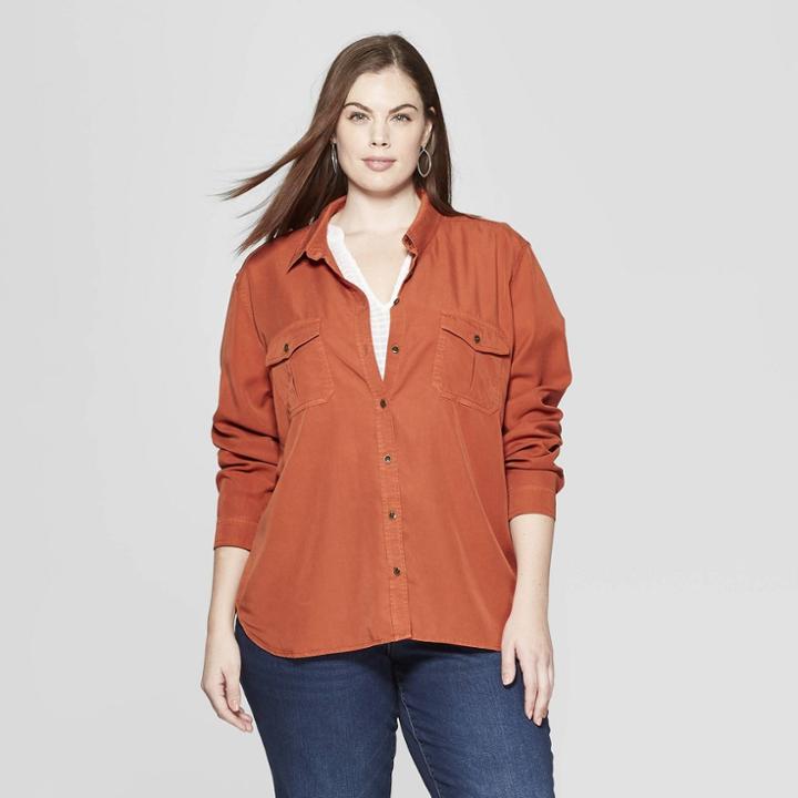 Women's Plus Size Long Sleeve Collared Soft Twill Shirt - Universal Thread Orange
