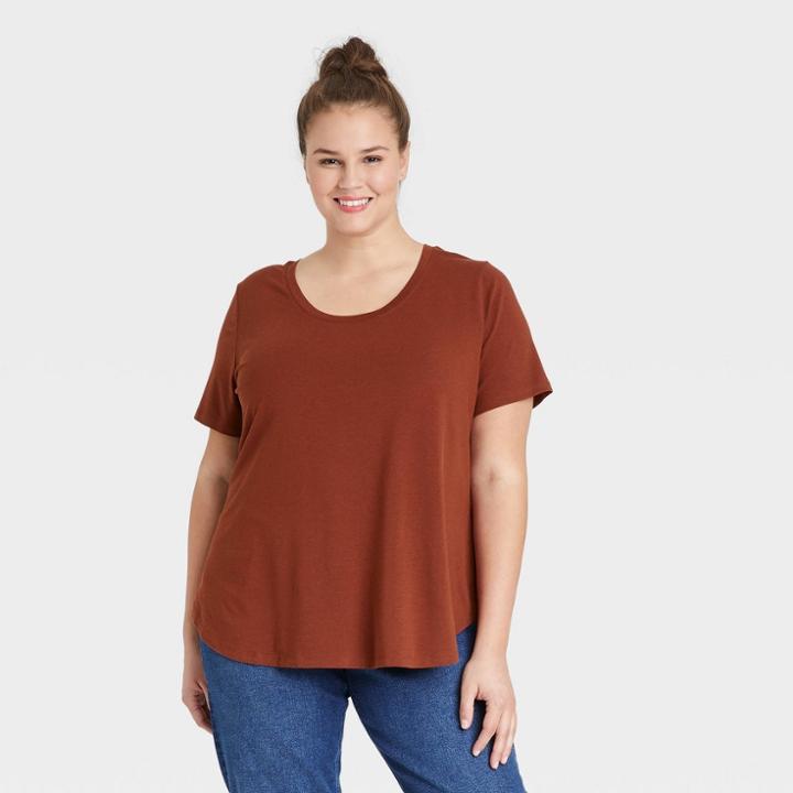 Women's Plus Size Short Sleeve Relaxed Scoop Neck T-shirt - Ava & Viv Brown
