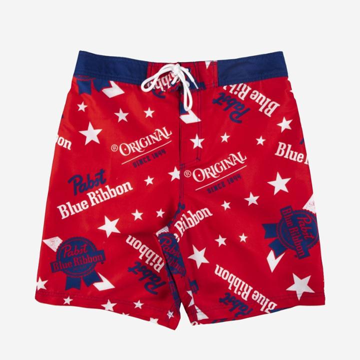 Men's 8.5 Pabst Blue Ribbon Elastic Board Swim Shorts - Red