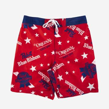 Men's 8.5 Pabst Blue Ribbon Elastic Board Swim Shorts - Red