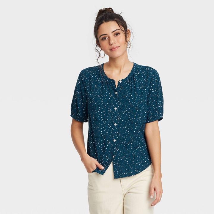 Women's Bird Print Short Sleeve Button-front Blouse - Universal Thread Navy