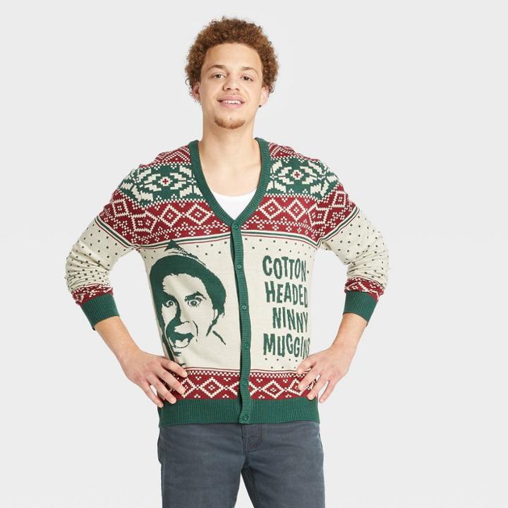 Warner Bros. Men's Warner Bros Elf Cotton Headed Ninny Sweater Cardigan - Red