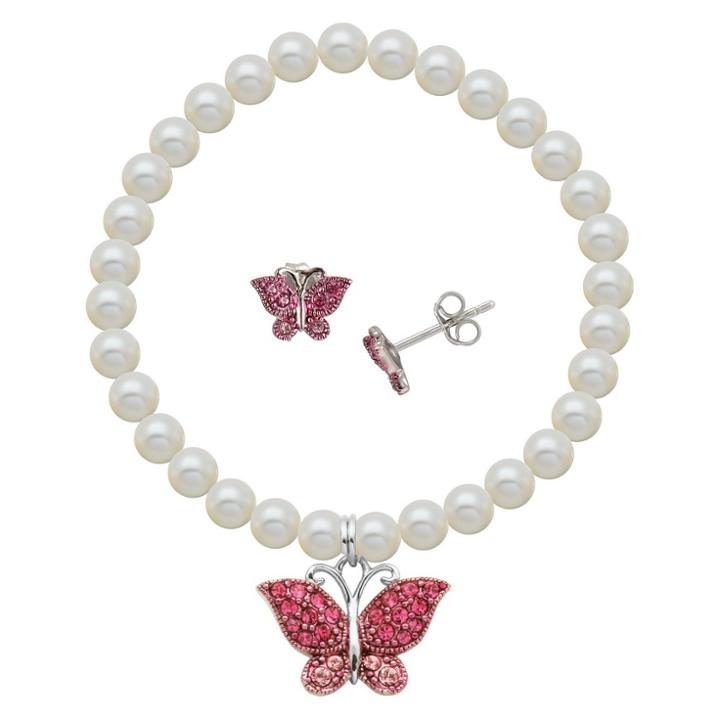 Prime Art & Jewel Children's Sterling Silver White Shell Pearl And Crystal Cupcake Stud And Bracelet Combo, Girl's