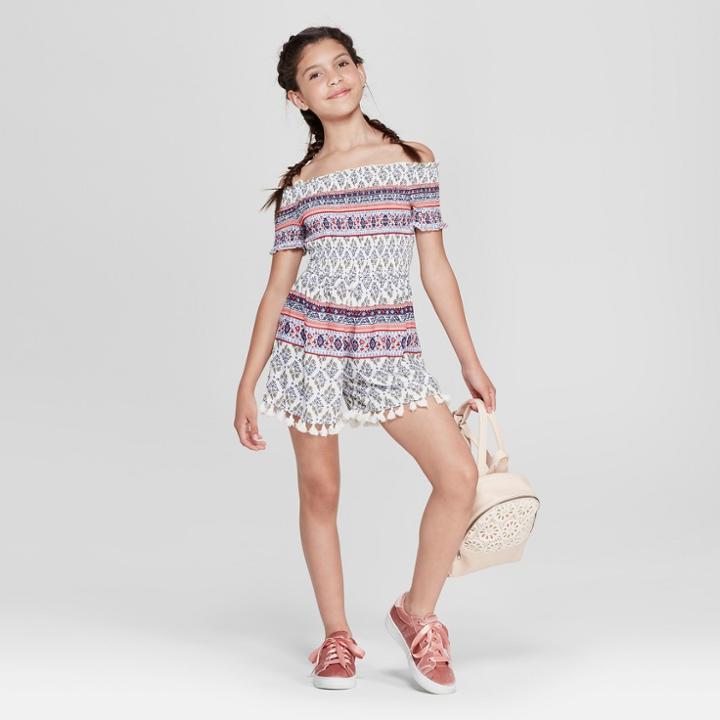 Girls' Off The Shoulder Tassel Romper - Art Class White