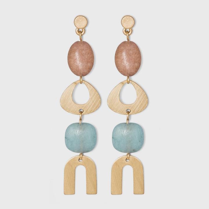 Semi-precious Peach Moonstone And Angelite Stone Multi-shapes Worn Gold Statement Earrings - Universal Thread Pale Peach