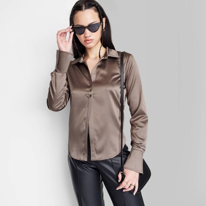 Women's Bell Long Sleeve Collared Satin Button-down Shirt - Wild Fable Dark Taupe