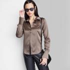 Women's Bell Long Sleeve Collared Satin Button-down Shirt - Wild Fable Dark Taupe