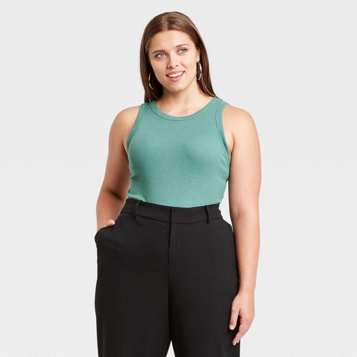 Women's Plus Size Rib Layer Essential Tank Top - A New Day Teal