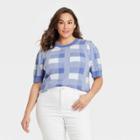 Women's Plus Size Crewneck Pullover Sweater - Ava & Viv Blue Plaid X