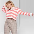 Women's Plus Size Striped Long Sleeve Rugby Boxy Polo Shirts - Wild Fable Pink/cream