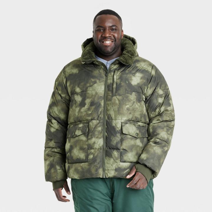 Men's Big Camo Print Heavy Puffer Jacket - All In Motion Olive Green