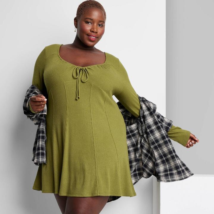 Women's Plus Size Long Sleeve Cozy Knit Fit & Flare Dress - Wild Fable Green