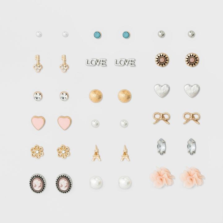 Target Women's Earrings Eighteen Pack With Chiffon Flower, Heart, Eiffel Tower And Pearl - Pink