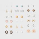 Target Women's Earrings Eighteen Pack With Chiffon Flower, Heart, Eiffel Tower And Pearl - Pink