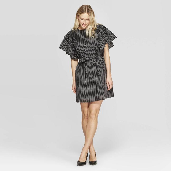 Women's Striped Short Ruffle Sleeve Boat Neck Tie Waist Shift Dress - Who What Wear Black/white