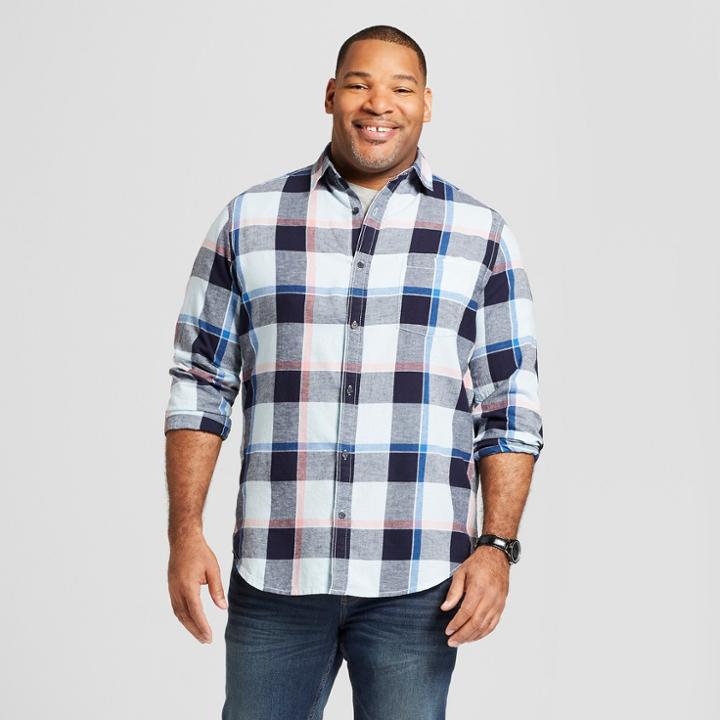 Men's Big & Tall Long Sleeve Linen Cotton Button-down Collared Shirt - Goodfellow & Co Feather Aqua