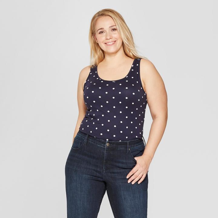 Women's Plus Size Polka Dot Scoop Neck Perfect Tank Top - Ava & Viv Navy