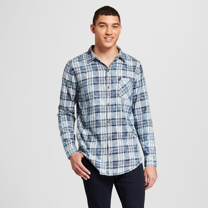 Men's Plaid Raw Edge Curved Hem Flannel Long Sleeve Button-down Shirt - Jackson Blue Ice