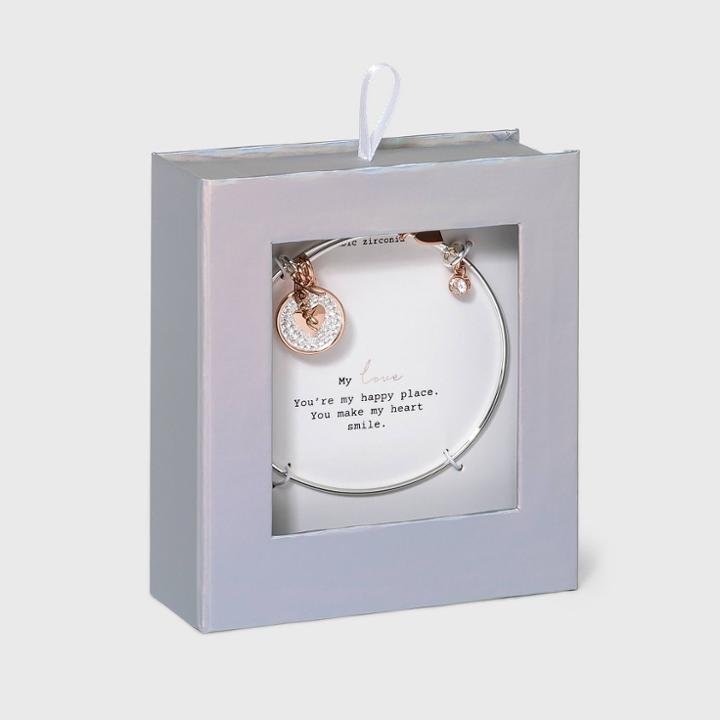 No Brand Stainless Steel Love Round Heart Charm Bracelet With Cubic Zirconia Bangle Bracelet - Rose Gold