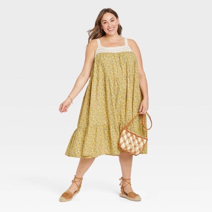 Women's Plus Size Sleeveless Crochet Trim Dress - Universal Thread Yellow Floral