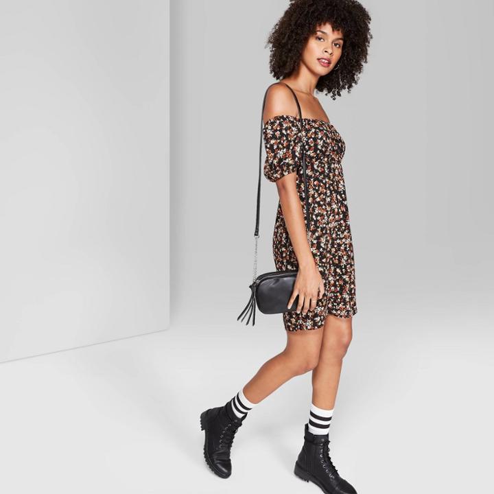 Petitewomen's Square Neck Short Sleeve Floral Woven Mini Dress - Wild Fable Orange L, Women's,