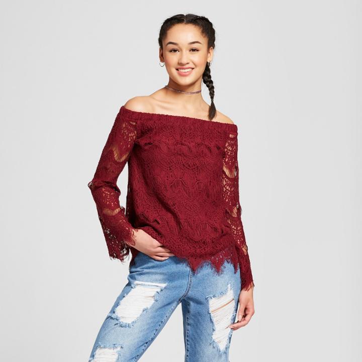 Women's Crochet Scallop Hem Off The Shoulder Long Sleeve Blouse- Miss Chievous (juniors') Red