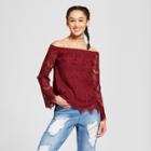 Women's Crochet Scallop Hem Off The Shoulder Long Sleeve Blouse- Miss Chievous (juniors') Red