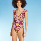 Women's Strappy Ruffle Sleeve One Piece Swimsuit - Sea Angel Floral Xs, Women's, Red