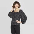 Women's Long Sleeve Floral Print Square Neck Blouse - A New Day Black