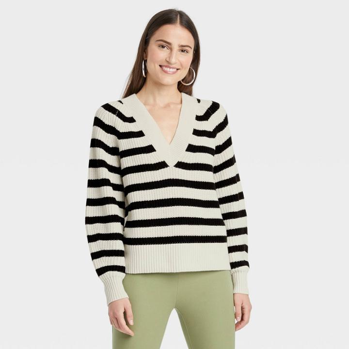 Women's Striped V-neck Pullover Sweater - A New Day Cream/black
