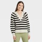Women's Striped V-neck Pullover Sweater - A New Day Cream/black