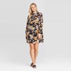 Women's Floral Print Long Sleeve Mock Turtleneck Front Button-down A Line Mini Dress - Who What Wear Black S, Women's,