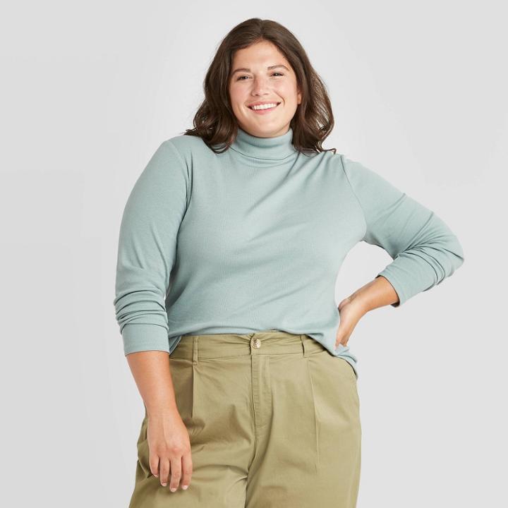 Women's Plus Size Long Sleeve Turtleneck T-shirt - A New Day Blue