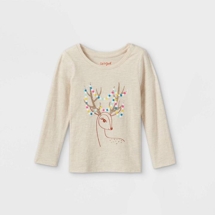 Toddler Girls' Sparkle Deer Long Sleeve Graphic T-shirt - Cat & Jack Oatmeal 18m, Ivory/gold/grey
