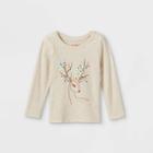 Toddler Girls' Sparkle Deer Long Sleeve Graphic T-shirt - Cat & Jack Oatmeal 18m, Ivory/gold/grey