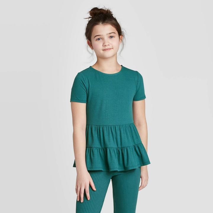 Petitegirls' Short Sleeve Ribbed Peplum T-shirt - Art Class Teal S, Girl's, Size: