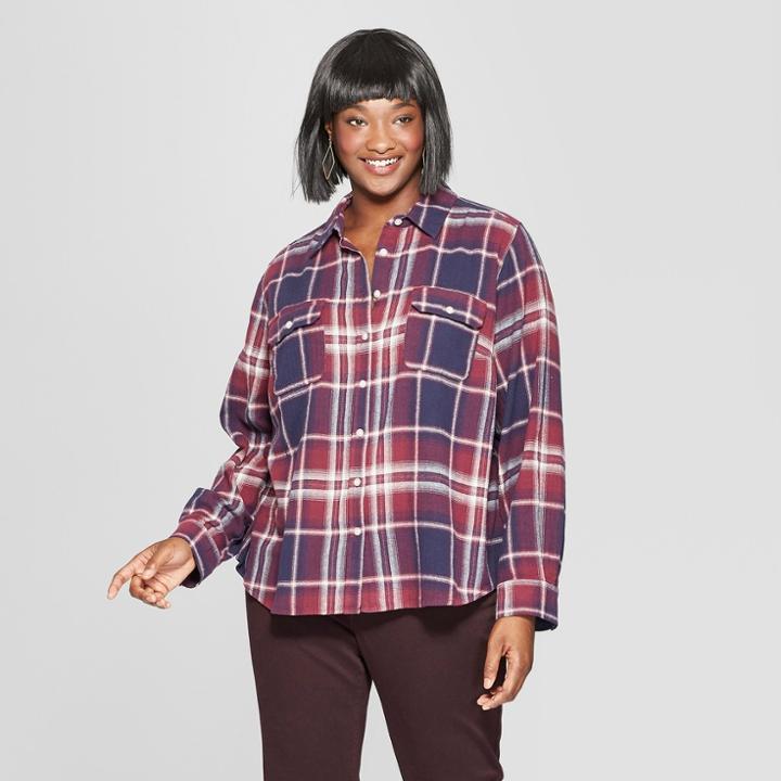 Women's Plus Size Plaid Long Sleeve Flannel Shirt - Universal Thread Red