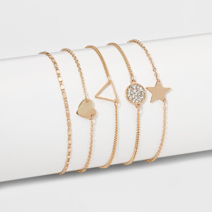 Solid Heart, Star, Circle And Open Work Triangle Charms Clasp Bracelets 4ct - Wild Fable Gold