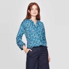 Women's Floral Print Regular Fit Long Sleeve V-neck Popover Blouse - A New Day Blue