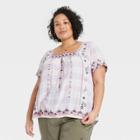 Women's Plus Size Plaid Short Sleeve Square Neck Embroidered Top - Knox Rose Ivory