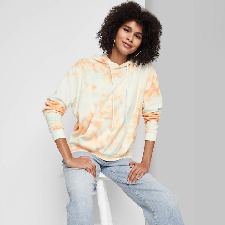 Women's French Terry Hooded Sweatshirt - Wild Fable White Tie-dye